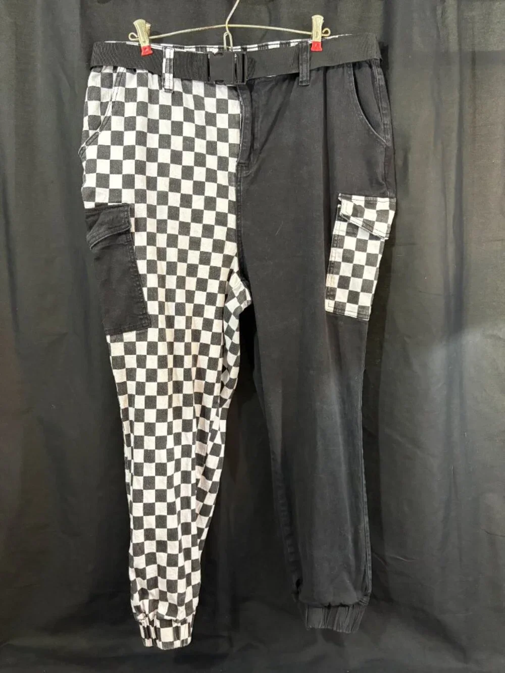 Hot Topic Black White Checkered Split Cargo Jogger Pants Belted